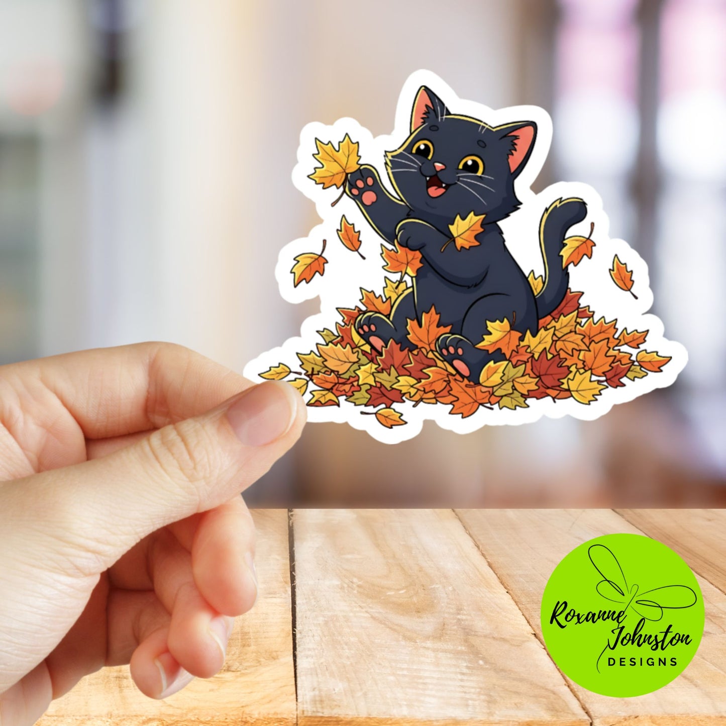 Happy Black Cat Sticker in Fall Leaves