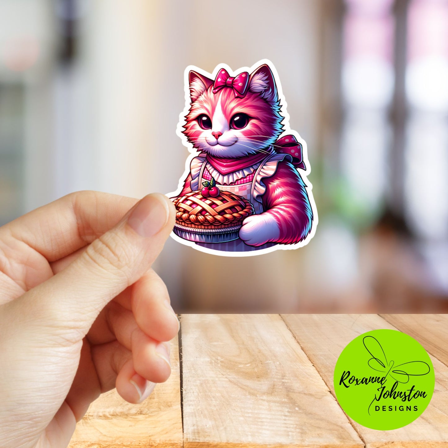 Cute Pink Cat Holding Pie