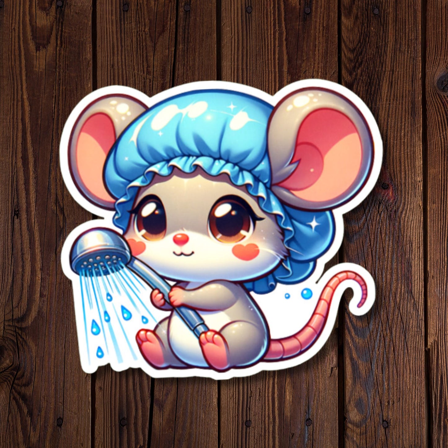 Cute Cartoon Mouse with Shower Cap Sticker