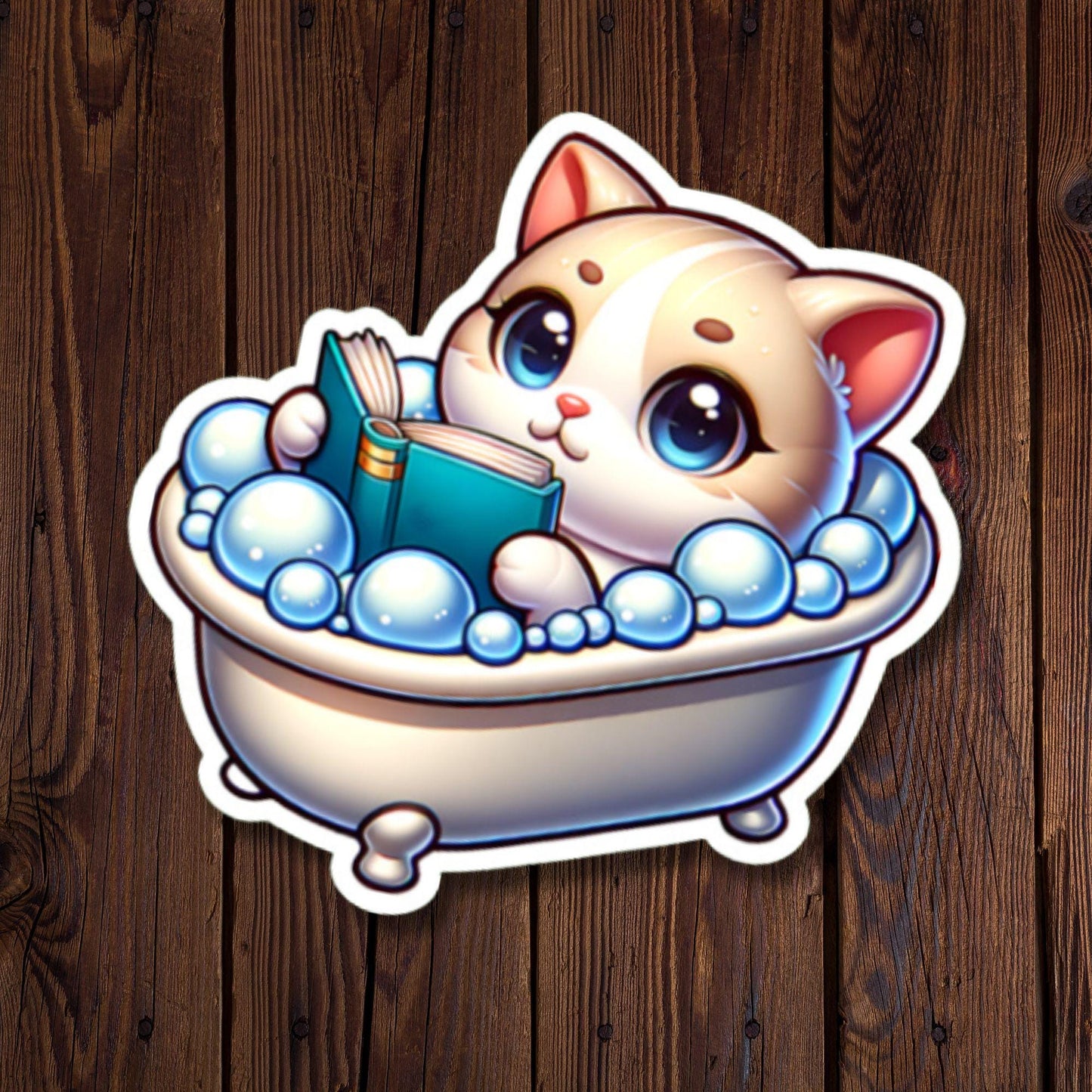 Cute Cat Reading a Book in Bubble Bath Sticker – Perfect Gift for Cat Lovers, Bookworms & Bubble Bath Fans