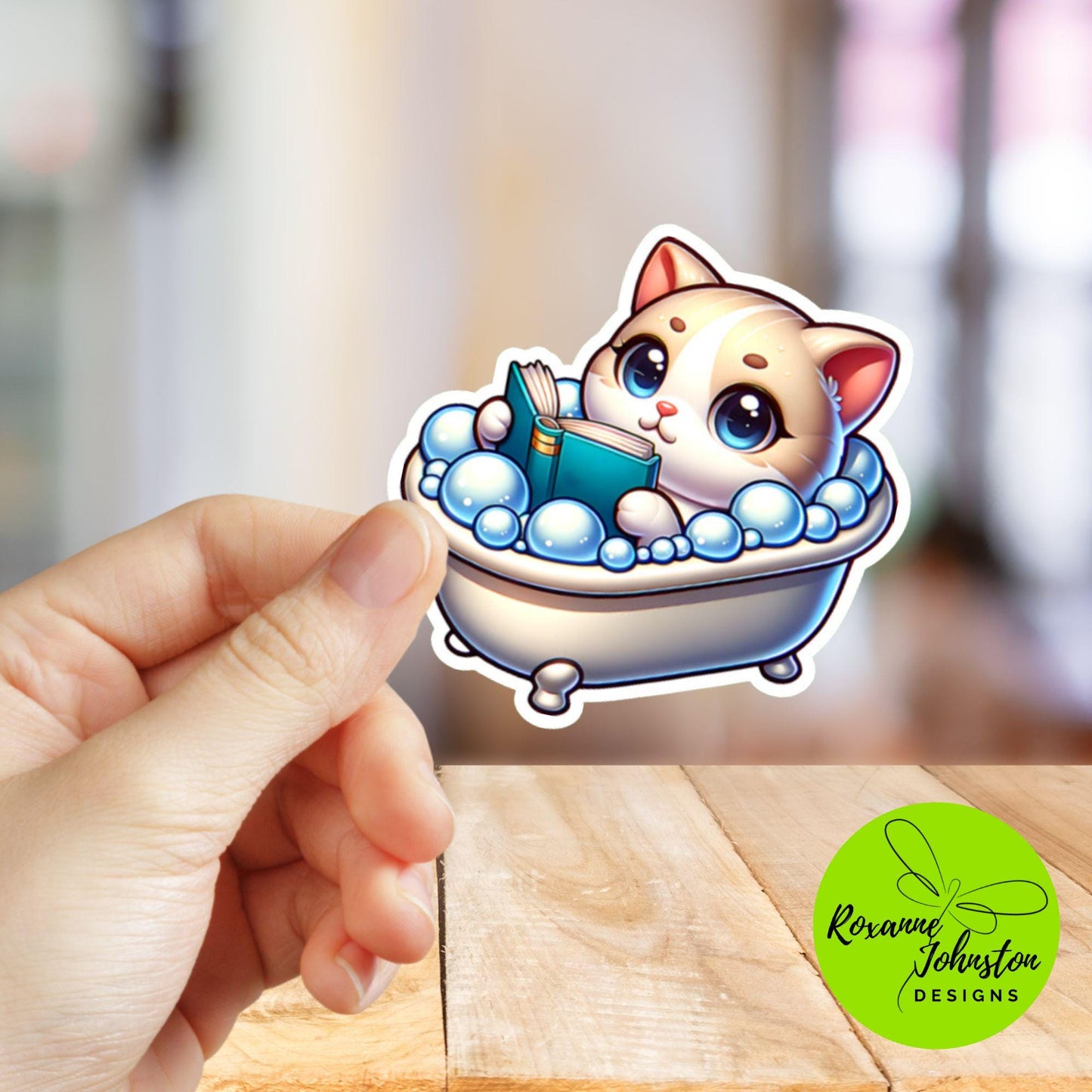 Cute Cat Reading a Book in Bubble Bath Sticker – Perfect Gift for Cat Lovers, Bookworms & Bubble Bath Fans