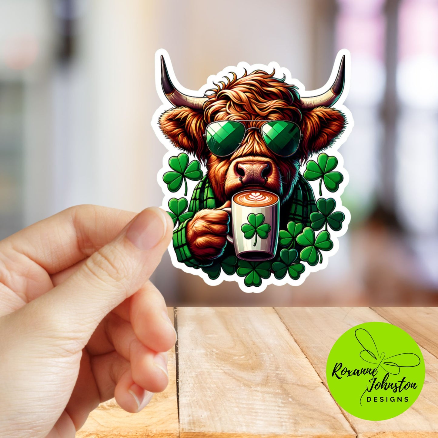 Highland Cow with Green Sunglasses & Irish Coffee Sticker