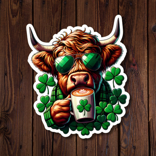 Highland Cow with Green Sunglasses & Irish Coffee Sticker