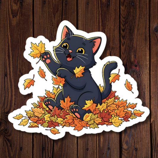 Happy Black Cat Sticker in Fall Leaves